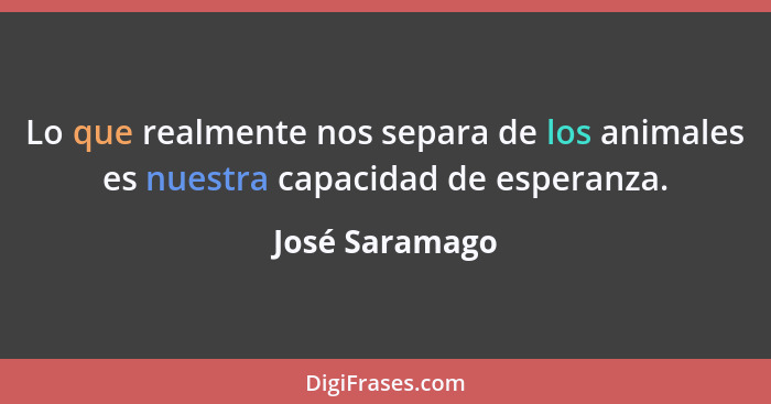 Lo que realmente nos separa de los animales es nuestra capacidad de esperanza.... - José Saramago