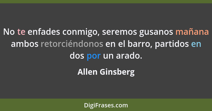 No te enfades conmigo, seremos gusanos mañana ambos retorciéndonos en el barro, partidos en dos por un arado.... - Allen Ginsberg