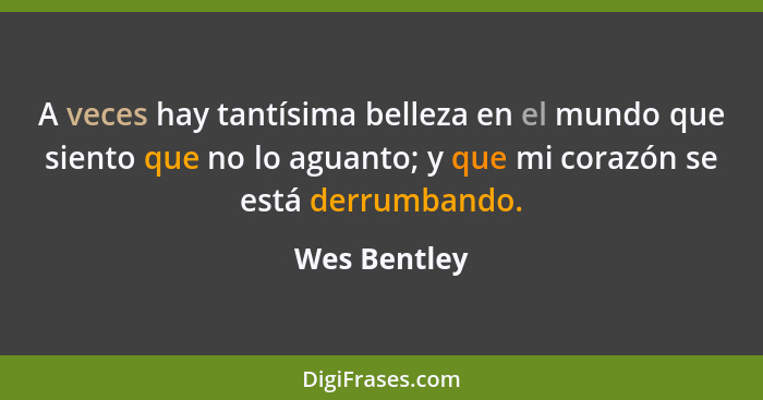 A veces hay tantísima belleza en el mundo que siento que no lo aguanto; y que mi corazón se está derrumbando.... - Wes Bentley