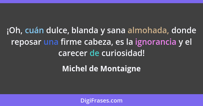 ¡Oh, cuán dulce, blanda y sana almohada, donde reposar una firme cabeza, es la ignorancia y el carecer de curiosidad!... - Michel de Montaigne