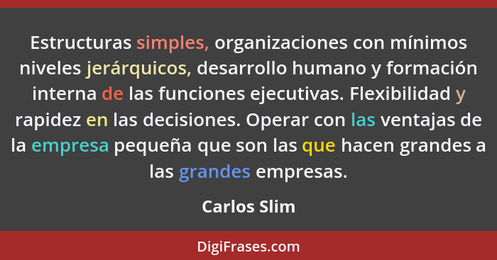 Estructuras simples, organizaciones con mínimos niveles jerárquicos, desarrollo humano y formación interna de las funciones ejecutivas.... - Carlos Slim