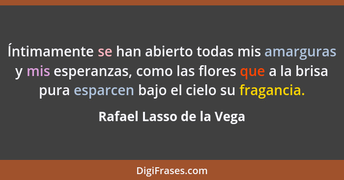 Íntimamente se han abierto todas mis amarguras y mis esperanzas, como las flores que a la brisa pura esparcen bajo el cielo... - Rafael Lasso de la Vega