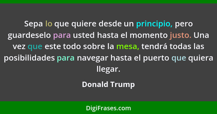 Sepa lo que quiere desde un principio, pero guardeselo para usted hasta el momento justo. Una vez que este todo sobre la mesa, tendrá t... - Donald Trump