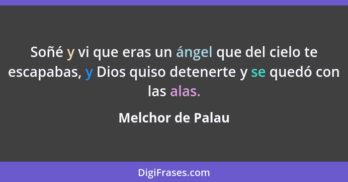 Soñé y vi que eras un ángel que del cielo te escapabas, y Dios quiso detenerte y se quedó con las alas.... - Melchor de Palau