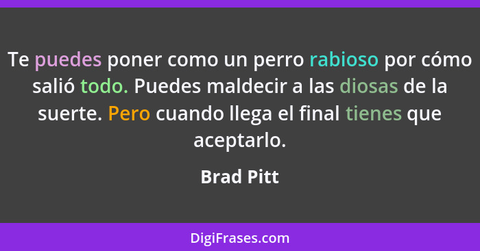 Te puedes poner como un perro rabioso por cómo salió todo. Puedes maldecir a las diosas de la suerte. Pero cuando llega el final tienes qu... - Brad Pitt