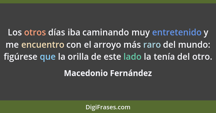 Los otros días iba caminando muy entretenido y me encuentro con el arroyo más raro del mundo: figúrese que la orilla de este lad... - Macedonio Fernández