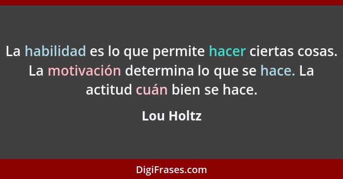 La habilidad es lo que permite hacer ciertas cosas. La motivación determina lo que se hace. La actitud cuán bien se hace.... - Lou Holtz