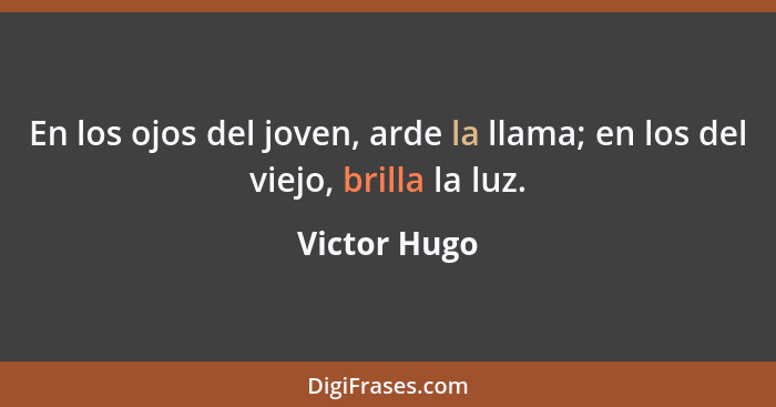 En los ojos del joven, arde la llama; en los del viejo, brilla la luz.... - Victor Hugo