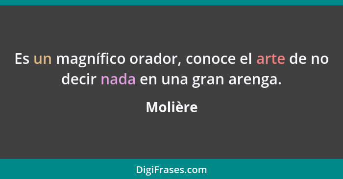 Es un magnífico orador, conoce el arte de no decir nada en una gran arenga.... - Molière