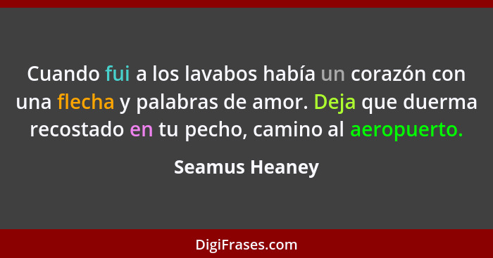 Cuando fui a los lavabos había un corazón con una flecha y palabras de amor. Deja que duerma recostado en tu pecho, camino al aeropuer... - Seamus Heaney