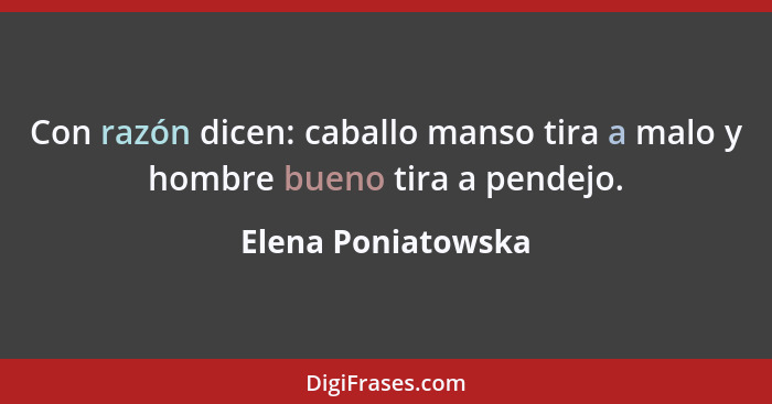 Con razón dicen: caballo manso tira a malo y hombre bueno tira a pendejo.... - Elena Poniatowska