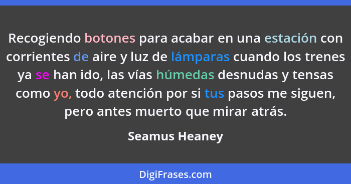 Recogiendo botones para acabar en una estación con corrientes de aire y luz de lámparas cuando los trenes ya se han ido, las vías húme... - Seamus Heaney