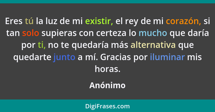 Eres tú la luz de mi existir, el rey de mi corazón, si tan solo supieras con certeza lo mucho que daría por ti, no te quedaría más alternati... - Anónimo