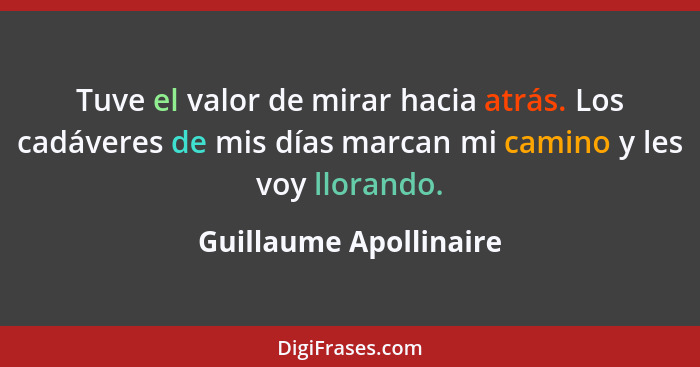 Tuve el valor de mirar hacia atrás. Los cadáveres de mis días marcan mi camino y les voy llorando.... - Guillaume Apollinaire