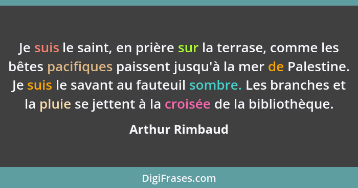 Je suis le saint, en prière sur la terrase, comme les bêtes pacifiques paissent jusqu'à la mer de Palestine. Je suis le savant au fau... - Arthur Rimbaud