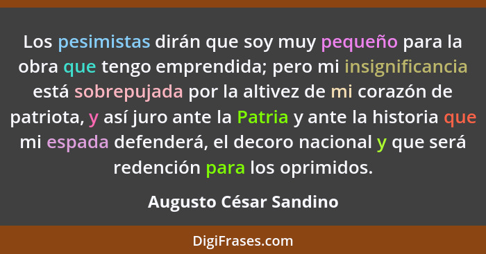 Los pesimistas dirán que soy muy pequeño para la obra que tengo emprendida; pero mi insignificancia está sobrepujada por la al... - Augusto César Sandino