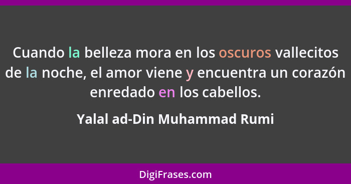 Cuando la belleza mora en los oscuros vallecitos de la noche, el amor viene y encuentra un corazón enredado en los cabell... - Yalal ad-Din Muhammad Rumi