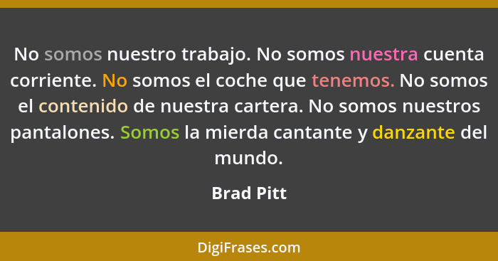 No somos nuestro trabajo. No somos nuestra cuenta corriente. No somos el coche que tenemos. No somos el contenido de nuestra cartera. No s... - Brad Pitt