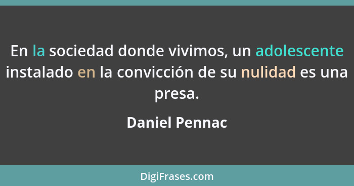 En la sociedad donde vivimos, un adolescente instalado en la convicción de su nulidad es una presa.... - Daniel Pennac