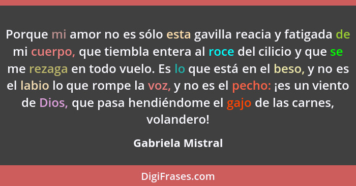 Porque mi amor no es sólo esta gavilla reacia y fatigada de mi cuerpo, que tiembla entera al roce del cilicio y que se me rezaga en... - Gabriela Mistral