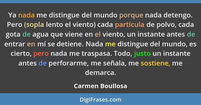 Ya nada me distingue del mundo porque nada detengo. Pero (sopla lento el viento) cada partícula de polvo, cada gota de agua que vien... - Carmen Boullosa