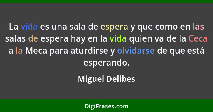 La vida es una sala de espera y que como en las salas de espera hay en la vida quien va de la Ceca a la Meca para aturdirse y olvidar... - Miguel Delibes