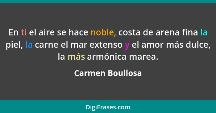 En ti el aire se hace noble, costa de arena fina la piel, la carne el mar extenso y el amor más dulce, la más armónica marea.... - Carmen Boullosa