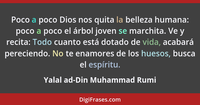 Poco a poco Dios nos quita la belleza humana: poco a poco el árbol joven se marchita. Ve y recita: Todo cuanto está dotad... - Yalal ad-Din Muhammad Rumi