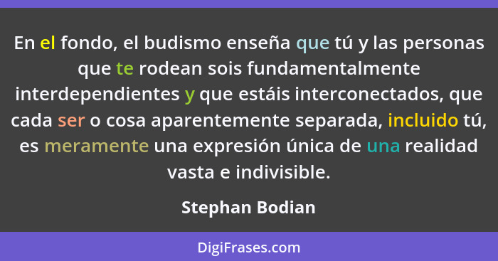 En el fondo, el budismo enseña que tú y las personas que te rodean sois fundamentalmente interdependientes y que estáis interconectad... - Stephan Bodian