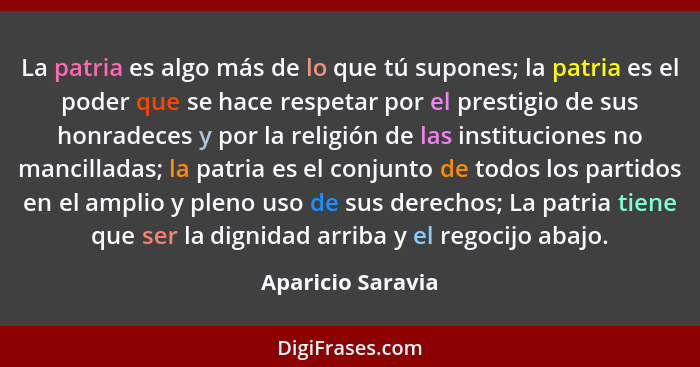 La patria es algo más de lo que tú supones; la patria es el poder que se hace respetar por el prestigio de sus honradeces y por la... - Aparicio Saravia