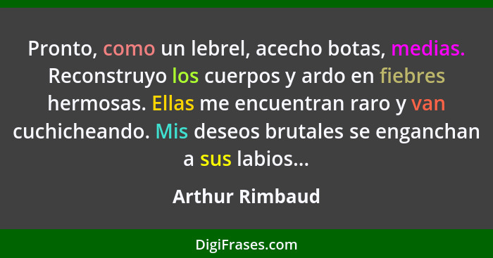 Pronto, como un lebrel, acecho botas, medias. Reconstruyo los cuerpos y ardo en fiebres hermosas. Ellas me encuentran raro y van cuch... - Arthur Rimbaud