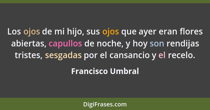 Los ojos de mi hijo, sus ojos que ayer eran flores abiertas, capullos de noche, y hoy son rendijas tristes, sesgadas por el cansanc... - Francisco Umbral