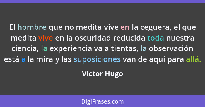 El hombre que no medita vive en la ceguera, el que medita vive en la oscuridad reducida toda nuestra ciencia, la experiencia va a tienta... - Victor Hugo