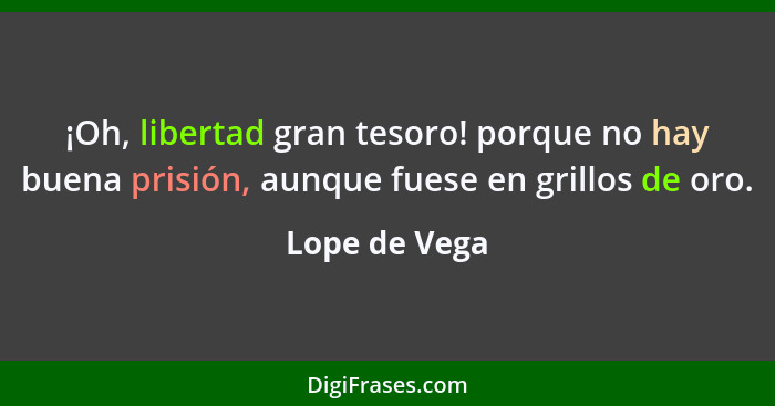 ¡Oh, libertad gran tesoro! porque no hay buena prisión, aunque fuese en grillos de oro.... - Lope de Vega