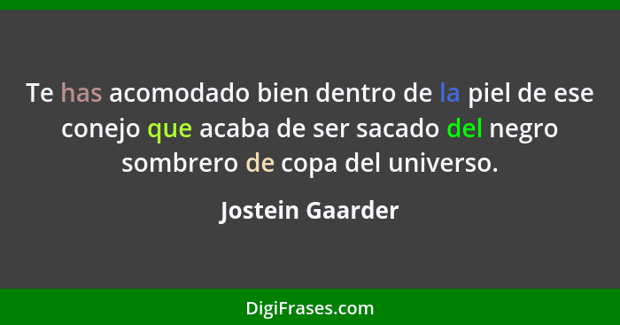 Te has acomodado bien dentro de la piel de ese conejo que acaba de ser sacado del negro sombrero de copa del universo.... - Jostein Gaarder