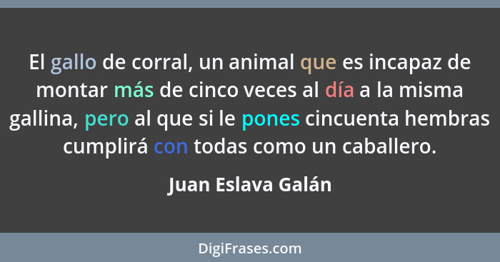 El gallo de corral, un animal que es incapaz de montar más de cinco veces al día a la misma gallina, pero al que si le pones cincu... - Juan Eslava Galán