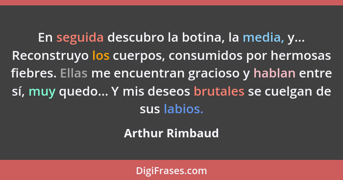 En seguida descubro la botina, la media, y... Reconstruyo los cuerpos, consumidos por hermosas fiebres. Ellas me encuentran gracioso... - Arthur Rimbaud