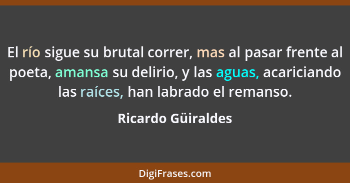 El río sigue su brutal correr, mas al pasar frente al poeta, amansa su delirio, y las aguas, acariciando las raíces, han labrado e... - Ricardo Güiraldes