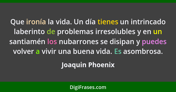 Que ironía la vida. Un día tienes un intrincado laberinto de problemas irresolubles y en un santiamén los nubarrones se disipan y pu... - Joaquin Phoenix