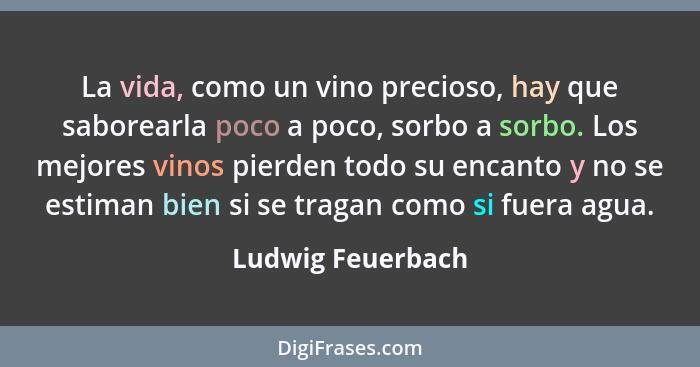 La vida, como un vino precioso, hay que saborearla poco a poco, sorbo a sorbo. Los mejores vinos pierden todo su encanto y no se es... - Ludwig Feuerbach