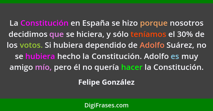 La Constitución en España se hizo porque nosotros decidimos que se hiciera, y sólo teníamos el 30% de los votos. Si hubiera dependid... - Felipe González