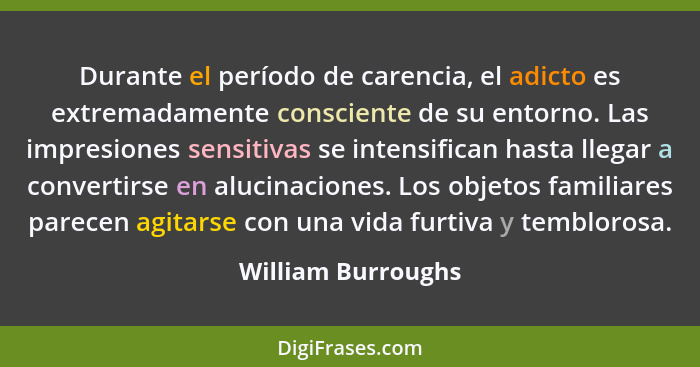 Durante el período de carencia, el adicto es extremadamente consciente de su entorno. Las impresiones sensitivas se intensifican h... - William Burroughs