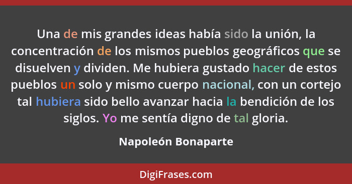 Una de mis grandes ideas había sido la unión, la concentración de los mismos pueblos geográficos que se disuelven y dividen. Me h... - Napoleón Bonaparte