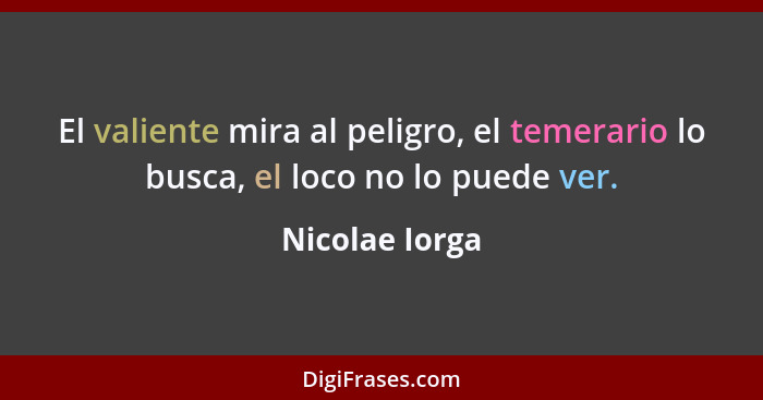 El valiente mira al peligro, el temerario lo busca, el loco no lo puede ver.... - Nicolae Iorga