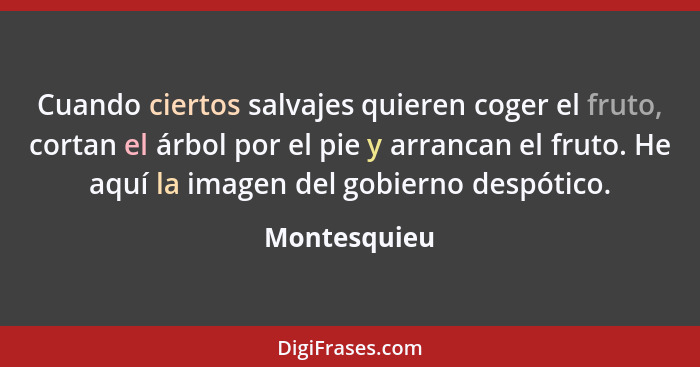 Cuando ciertos salvajes quieren coger el fruto, cortan el árbol por el pie y arrancan el fruto. He aquí la imagen del gobierno despótico... - Montesquieu