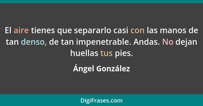 El aire tienes que separarlo casi con las manos de tan denso, de tan impenetrable. Andas. No dejan huellas tus pies.... - Ángel González