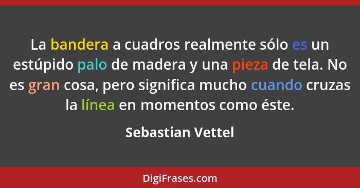 La bandera a cuadros realmente sólo es un estúpido palo de madera y una pieza de tela. No es gran cosa, pero significa mucho cuando... - Sebastian Vettel