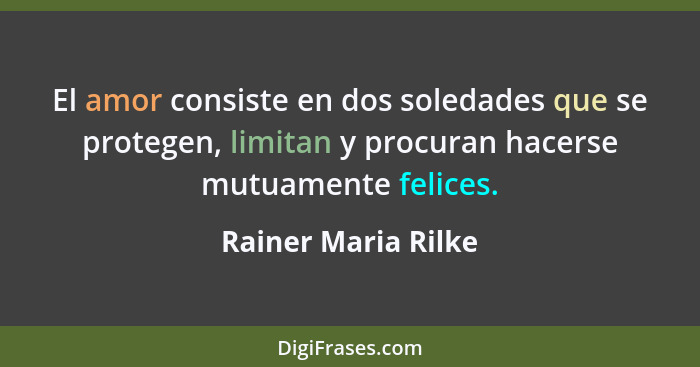 El amor consiste en dos soledades que se protegen, limitan y procuran hacerse mutuamente felices.... - Rainer Maria Rilke