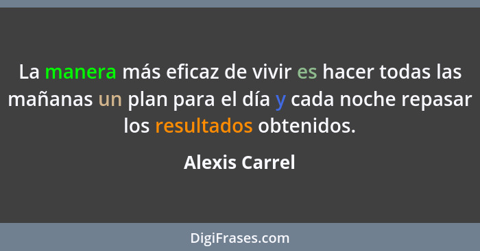 La manera más eficaz de vivir es hacer todas las mañanas un plan para el día y cada noche repasar los resultados obtenidos.... - Alexis Carrel