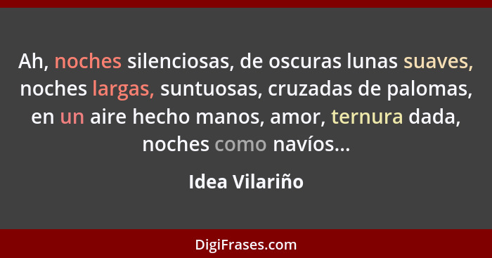 Ah, noches silenciosas, de oscuras lunas suaves, noches largas, suntuosas, cruzadas de palomas, en un aire hecho manos, amor, ternura... - Idea Vilariño